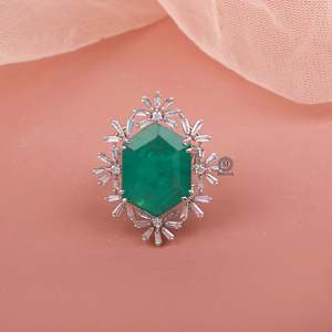 Tiza Emerald <b>Green</b> Designer Brass Band <b>Ring</b> with Zircon Flower Inlay - Product Image 1