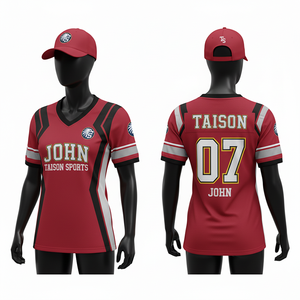 Camiseta de Fútbol Americano para Mujer, Personalizada con Logotipo, Cuello en V, Paneles Rojos, Negros y Blancos, Malla de Poliéster Transpirable de 160 GSM - Product Image 1