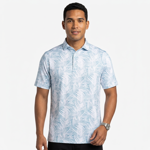 Men's Short Sleeve <b>Polo</b> <b>Shirt</b> Light <b>Blue</b> White Print Casual Breathable Woven 100% Polyester - Product Image 5