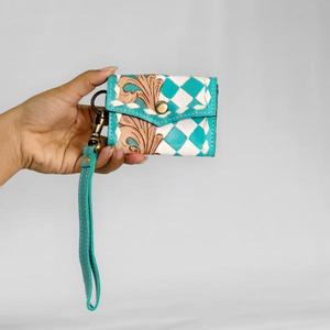 Handmade Pu <b>Card</b> Holder Teal White Checkered <b>Embossing</b> Button Closure Women Short Wallet Fashion Geometric Pattern - Product Image 2