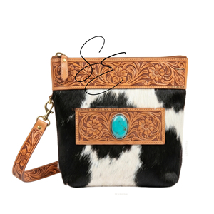 Gypsy Hair on Hide <b>Purse</b> Genuine Tooled <b>Leather</b> Bohemian Crossbody Bag Women Western Stylish Shoulder Bag with Turquoise Stone - Product Image 1