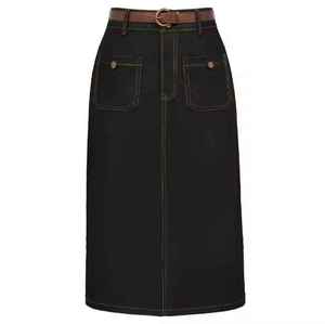 Custom 100% Cotton Blue Denim <b>Skirt</b> for Women Washed Vintage High Waist <b>Split</b> Women's Maxi <b>Skirt</b> - Product Image 4