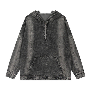 Wholesale High Quality 100% Cotton Denim Sun Faded <b>Jackets</b> Heavyweight Acid Washed Oversized Pullover Hoodies for <b>Men</b> - Product Image 1