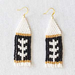 Shan India Bohemia Black Gold White <b>Plant</b> Design Handwoven Glass Beaded Fringe Fish <b>Hook</b> Earrings Women Gold Plated Lead Free - Product Image 1