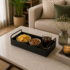 Bandeja Rectangular Decorativa Moderna de Hierro con Asas Metálicas |   Organizador de Exhibición Negro para Mesa de Centro, Decoración para el Hogar - Product Image 4