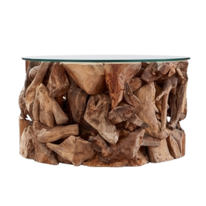 Table basse rustique en bois de teck rond fait main ARTERRA Premium avec plateau en verre pour salon - Product Image 1