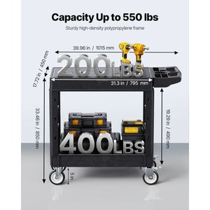 Carrello Multiuso in Plastica Resistente con Capacità di Carico di 250 kg, 80 x 45 cm, con 2 Ripiani per Servizio a 360 Gradi - Product Image 3