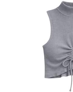 Top Corto Personalizado Gris Acanalado de Cuello Alto Sin Mangas con Cordón Ajustable y Fruncido Delantero, Ajuste Ceñido para Mujer - Product Image 2