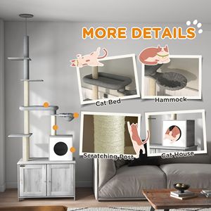 Árbol para gatos 2 en 1 gris, de suelo a techo, con caja de arena, cama tipo condominio, hamaca, postes rascadores, plataformas y casas para gatos, en embalaje de cartón - Product Image 5