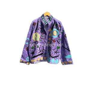 Unisex Short Suzani <b>Velvet</b> Jacket with Floral Embroidery Stand Collar and Cotton Lining for Spring Season - Product Image 1