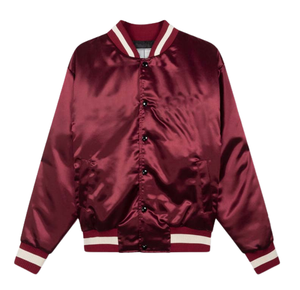 Men's Burgundy Satin Varsity Jacket Regular Fit High Street Style Stand Collar <b>Covered</b> <b>Button</b> Closure Winter Wear Embroidery - Product Image 1