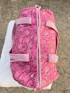 Pink Block Print Duffle <b>Bag</b>, Quilted Cotton Weekender <b>Bag</b>, Floral Travel <b>Bag</b>, Handmade Boho <b>Overnight</b> Tote - Product Image 5