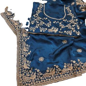 Sari en tissu chiffon épais écologique, broderie quatre saisons, travail Zari, motif fantaisie, bordure ajourée - Product Image 1