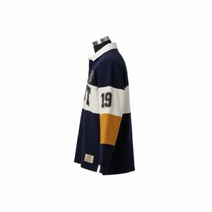 Chemise de rugby en molleton de coton respirant avec patchs décoratifs, manches longues, poids lourd, pour hommes, OEM ODM, vente en gros - Product Image 3