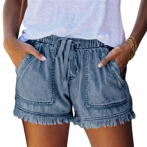 Shorts en jean décontractés pour femme, taille mi-haute, coupe ample, en coton délavé, ourlet effiloché, style été - Product Image 2