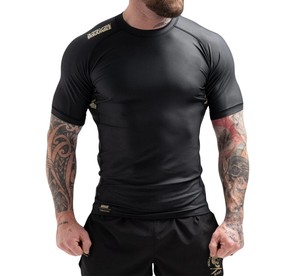 <b>Men's</b> Black Short Sleeve Rash Guard Polyester <b>Swim</b> <b>Shirt</b> with Logo Print Left Sleeve UPF50+ Quick Dry - Product Image 1