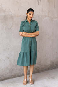 EMERALD COTTON DENIM MAXI <b>DRESS</b> Green Cotton Shirt Midi <b>Dress</b> With <b>Ruffle</b> Hem Turn-down Collar Short Sleeve Casual Daily Wear - Product Image 2