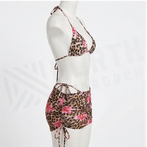 Blue Butterfly Print 2 Piece Yoga <b>Set</b> With Gold Trim Deep V Neck Halter Bodysuit And Knee Length Wrap <b>Skirt</b> - Product Image 3