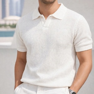 Men's Black <b>Waffle</b> Fabric Knitted for <b>Shirt</b> Short Sleeve Solid Color Smart Casual Breathable Turn Collar Regular Fit Back Neck - Product Image 2