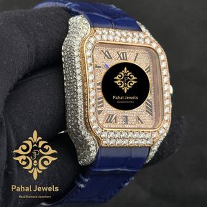 Pahal Jewels Luxury Square Diamond Mechanical <b>Watch</b> Stainless Steel <b>Case</b> Blue Leather Band Analog Quartz Date Display Elegant - Product Image 3