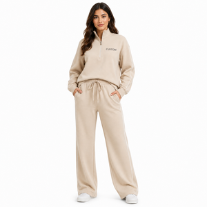 Ensemble de survêtement personnalisé pour femme : Pull zippé à quart de tour et pantalon à jambe large avec passepoil contrastant, en molleton doux, style athleisure décontracté, marque privée - Product Image 1