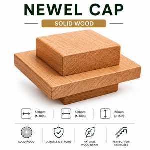 Capuchon de poteau d'escalier en bois massif 160mm x 160mm x 80mm, durable, grain naturel, pièce d'escalier - Product Image 1