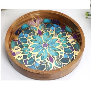 Bandejas Redondas de Madera para Servir, Decoradas con Adhesivos Esmaltados, Bandejas de Almacenamiento para Cocina, Suministros para Hoteles, Restaurantes, Fiestas y Eventos Especiales - Product Image 2