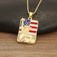 Collier Pendentif Géométrique QIKU Drapeau Américain Statue de la Liberté pour Hommes, Tendance, Plaqué Or 18K, Zircon Baguette Carré Personnalisé