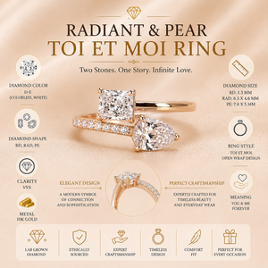 Bague en diamant de culture Radiant Pear |   Bague ouverte Toi et Moi en or 10 carats |   Bijoux de fiançailles de luxe pour femmes |   Clarté VVS-VS Couleur D - Product Image 5