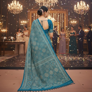 Sari de crepé satinado Ajrakh estampado para mujer |   Ropa Étnica Ligera para Bodas, Fiestas y Ocasiones Festivas con Accesorios - Product Image 4