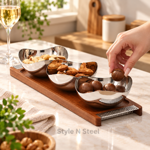 Plateau de service en bois nordique avec ensemble de bols à collation en acier inoxydable, plateau décoratif pour fruits secs et noix, idéal pour la maison et les fêtes - Product Image 3