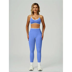Ensemble de yoga pour femme avec soutien-gorge de sport rembourré sans couture à bretelles et leggings taille haute froncés en nylon et élasthanne antibactériens pour la gym - Product Image 5