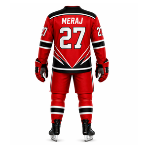 Ensemble d'uniformes de hockey sur glace personnalisés – Maillot de hockey rouge, short, chaussettes et gants – Fabricant de vêtements de sport d'équipe – Fournisseur OEM en gros - Product Image 2