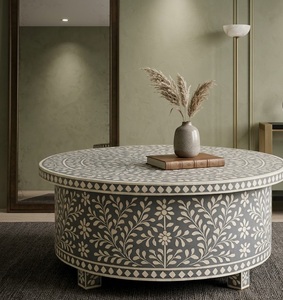 Mesa de Centro Redonda de Resina con Incrustaciones de Hueso, Diseño Geométrico Floral, Mueble Moderno para Sala de Estar - Product Image 3