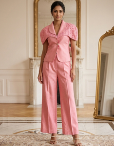 Elegant Women's Pink Satin <b>Blazer</b> and Pants <b>Set</b> – Beaded Shoulder Formal Suit - Product Image 1