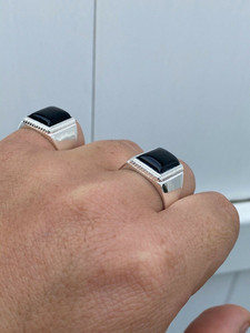 <b>Men's</b> <b>Black</b> Onyx Cocktail <b>Ring</b> 925 Silver Plated Stainless Steel Geometric Square Bezel Setting Classic Style Daily Wear - Product Image 2