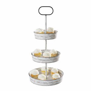 Plateau de service rond en métal blanc vieilli à 2 niveaux avec poignée, style ferme, pour cupcakes et desserts, présentoir vintage - Product Image 3