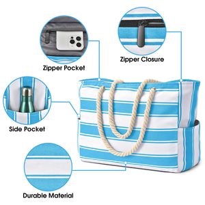 Bolsa de Mano Tipo Tote con Rayas Azules y Blancas, Asas de Cuerda, Resistente al Agua, Poliéster Ecológico, Duradera, Ajustable, Regalo Promocional - Product Image 3