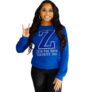Sudadera de Chenilla Zeta Phi Beta Big Z para Mujer, Azul, con Letras Griegas Bordadas, Estilo Casual - Product Image 1