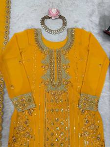 TENNYC Nuevo Conjunto de Traje de 3 Piezas de Diseño Exclusivo en Georgette Sintético Pesado con Bordado para Bodas y Diwali - Tela Elástica - Product Image 5