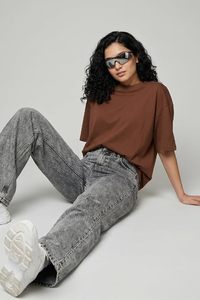 T-shirt en coton à col rond pour femme, coupe ample, manches courtes, couleur unie, tissu jersey, à porter toute l'année - Product Image 2