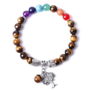 Pulsera Elástica de Piedras Naturales con Árbol de la Vida, Joyería con Dijes, Regalo Unisex, Estilo Bohemia, Chapado en Plata Antigua - Product Image 2