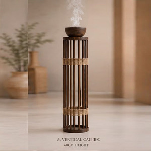 Unique Vertical Cage Wooden Bakhoor Burner With Rope Accents And A Top Basin Round Shape Emitting Fragrant Incense Smoke - Product Image 1