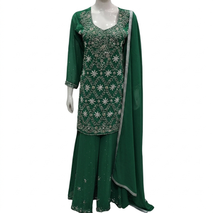 FAMUCAAS Pink Hand Embroidered Georgette Women's <b>Indian</b>/Pakistani <b>Top</b> Dress Set V Neck Long Sleeve Salwar Kameez Dupatta Quick - Product Image 6