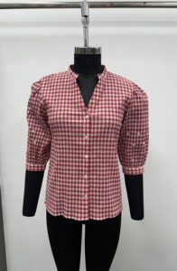 <b>Women's</b> <b>Red</b> Plaid Cotton Mandarin Collar Short <b>Shirt</b> with Embroidery Three Quarter Sleeve Casual Button Down Spring Summer Wear - Product Image 2