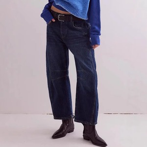 Jeans de Cintura Alta para Mujer al por Mayor, de Algodón y Mezclilla, Estilo Casual Retro con Estampado, Decorados con Botones y Lavado Oscuro - Product Image 1