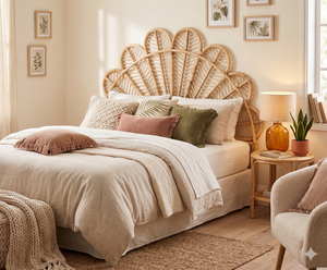 Tête de lit en rotin naturel bohème, tissée à la main, en forme de fleur, taille King, en canne à pétales, pour mobilier de chambre à coucher (vente en gros) - Product Image 4