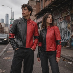 Veste en cuir unisexe noire et rouge avec détails de patchs en diamant, col montant, fermeture éclair sur le devant - Product Image 1