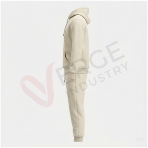 Ensemble de survêtement beige à capuche pour homme, manches longues, motif géométrique, coupe décontractée, vêtement d'automne, 100 % coton respirant - Product Image 3