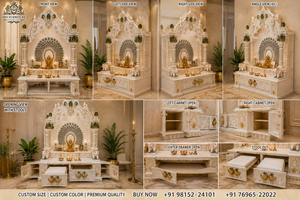 Designer Marble Look Wooden Temple with Peacock Carvings Custom Made Handcrafted Pooja <b>Mandir</b> For Home Teak Wood Puja Unit UK - Product Image 6
